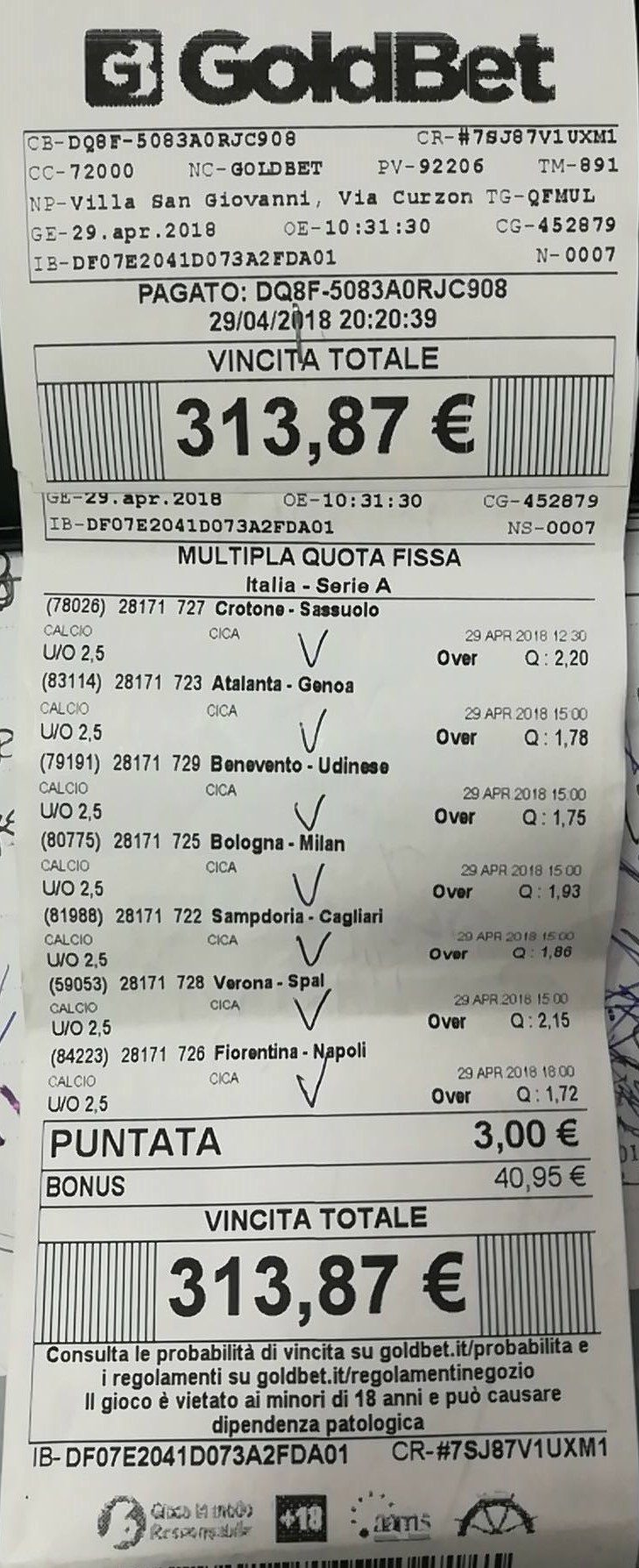 Scommesse: a Villa San Giovanni (RC) vincita da 313 euro con sei risultati da Over in Serie A