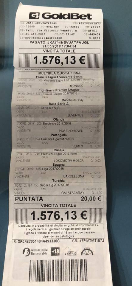 Scommesse, a Bari vincita da 1.576 euro con otto risultati esatti sui vincitori dei principali campionati europei