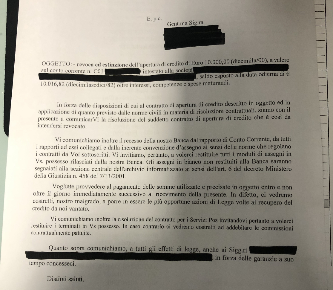 Chiusura conto corrente lettera