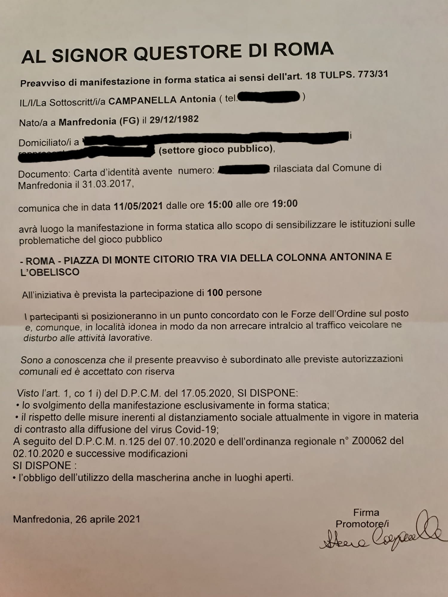 Autorizzazione manifestazione 11 maggio