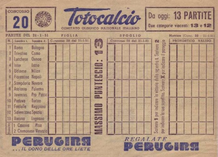 Prima schedina Totocalcio con 13 partite