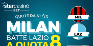 Serie A, Milan-Lazio anticipo di un weekend elettrizzante: con la promo “quote da Star”, su StarCasinò Bet la vittoria dei rossoneri è maggiorata a 8,00