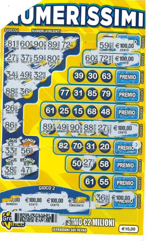 Gratta e Vinci vincita Numerissimi | AGIMEG
