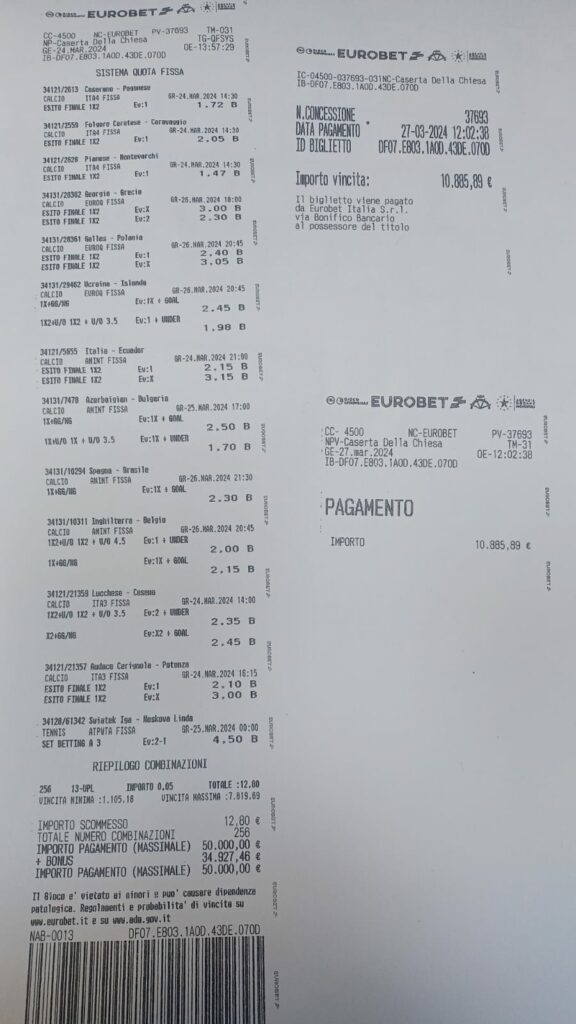 Vincita schedina Eurobet | AGIMEG