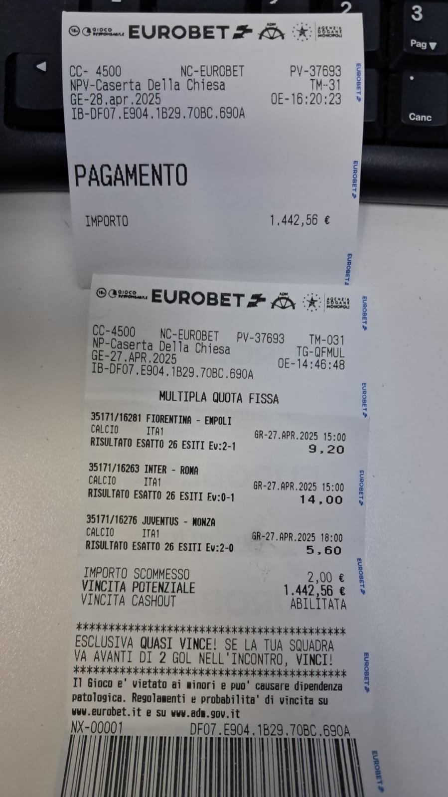 schedina vincente eurobet