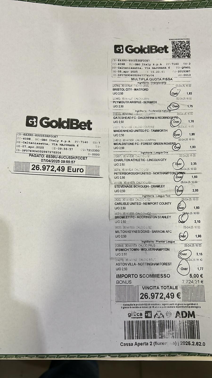 schedina vincente goldbet