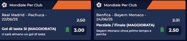 quota maggiorata real madrid pachuca e benfica-bayern monaco