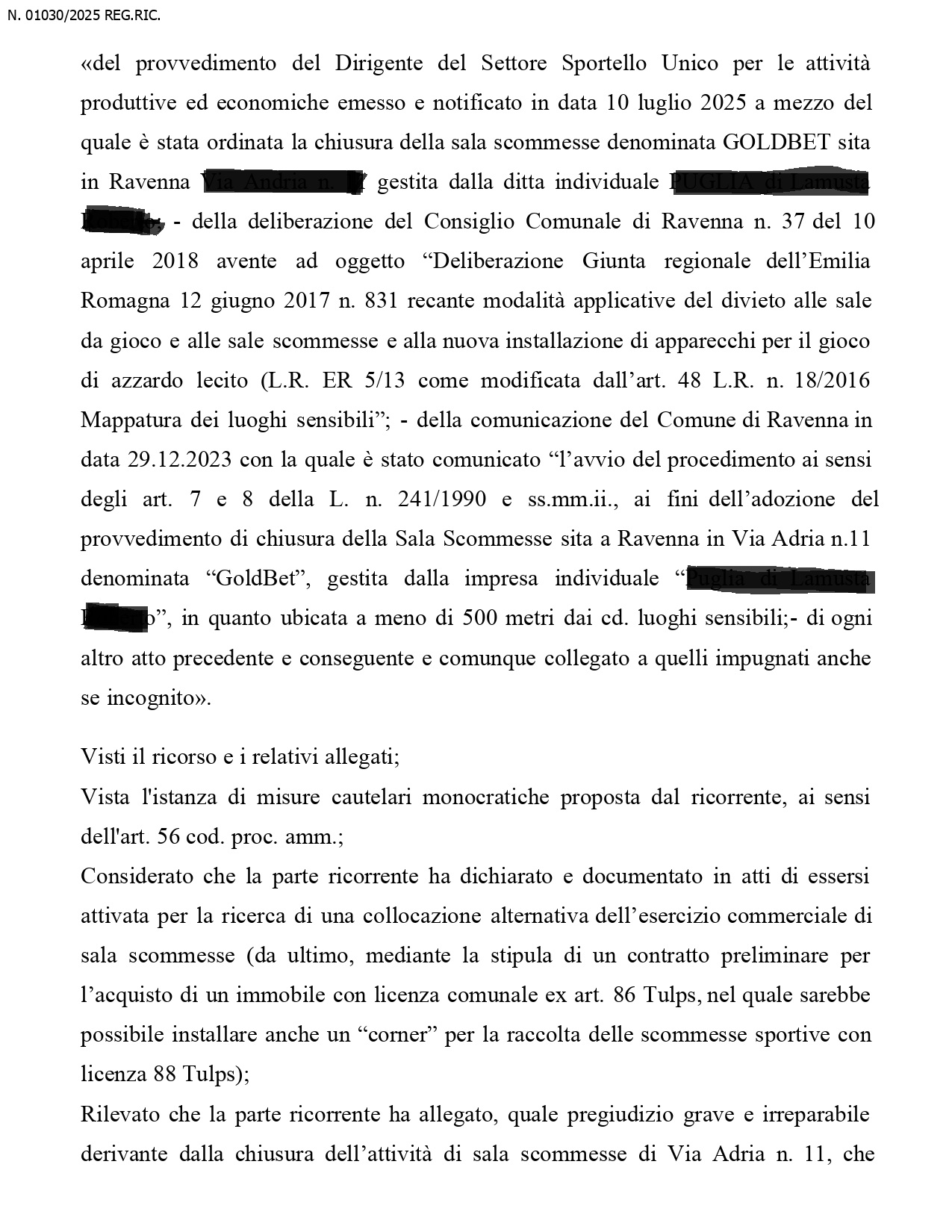 Decreto cautelare Tar