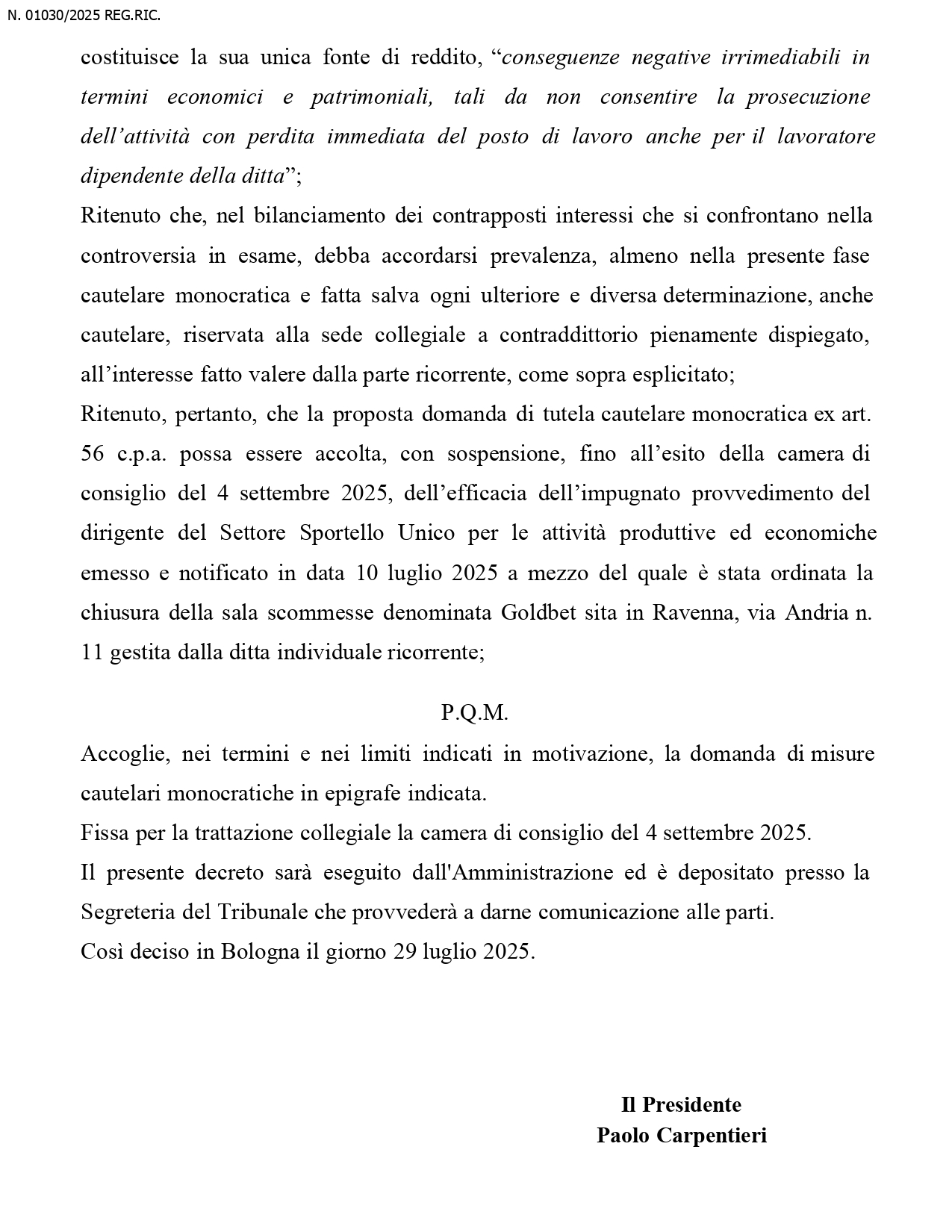 Decreto cautelare Tar