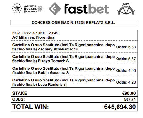 Vincita ammoniti Milan Fiorentina 19 ott 2025 | AGIMEG