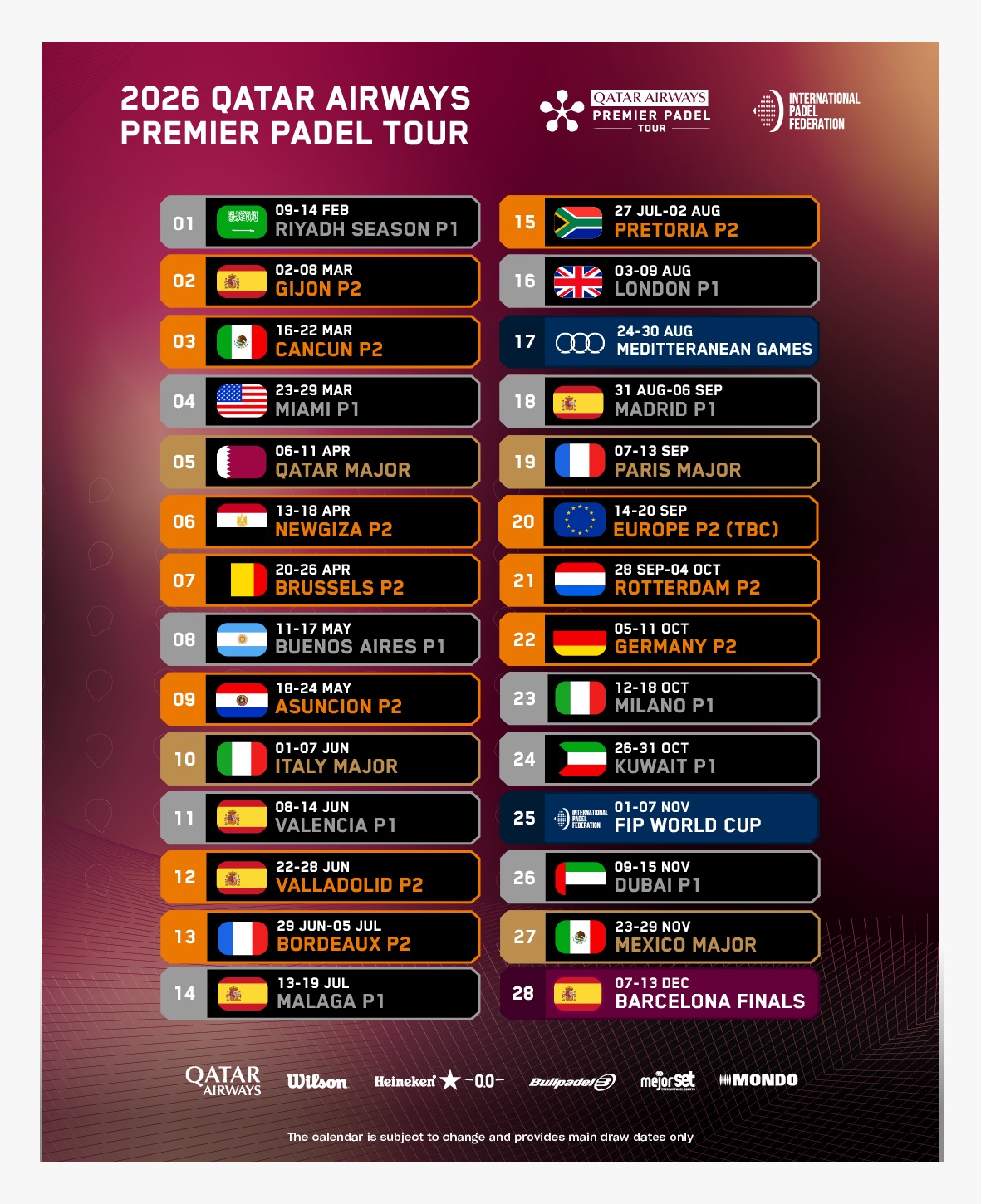 Calendario Premier Padel Tour 2026