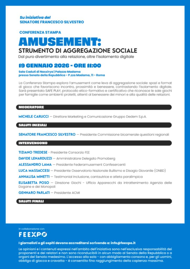 Locandina Amusement evento senato | AGIMEG Amusement: strumento di aggregazione sociale
