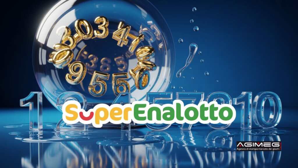 Conceptual infographic on SuperEnalotto 2026 statistics, showing numbers from 1 to 10 frozen and coloured lottery balls.