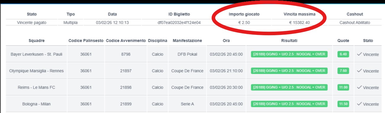 Vincita COMBO Eurobet | AGIMEG