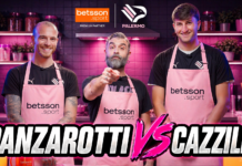 Palermo, Betsson Sport a Torretta: intervista doppia a Palumbo e Corona tra cucina e spogliatoio Three men in pink aprons stand in a purple-lit kitchen studio; bold “PANZAROTTI VS CAZZI” banner at the bottom.