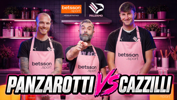 Betsson Sport Palermo Three men in pink aprons stand in a purple-lit kitchen studio; bold “PANZAROTTI VS CAZZI” banner at the bottom.