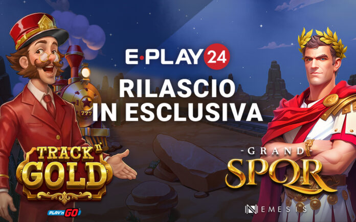 Gioco online Eplay24 maggio novità Promotional banner for E-Play24 announcing an exclusive release, with a train conductor on the left and a Roman hero on the right, against a rocky desert background; text reads 'RILASCIO IN ESCLUSIVA' and shows Track Gold and Grand SPQR logos.