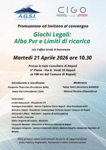 Poster del convegno Giochi Legali: Albo Pvr e Limiti di ricarica. 21 Aprile 2026, ore 10:30, Napoli, Sala Consiliare.