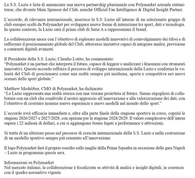 Italian text announcing Lazio's new multi‑party partnership with Polymarket, including sponsor roles and quoted statements from Claudio Lotito and Matthew Modabber.