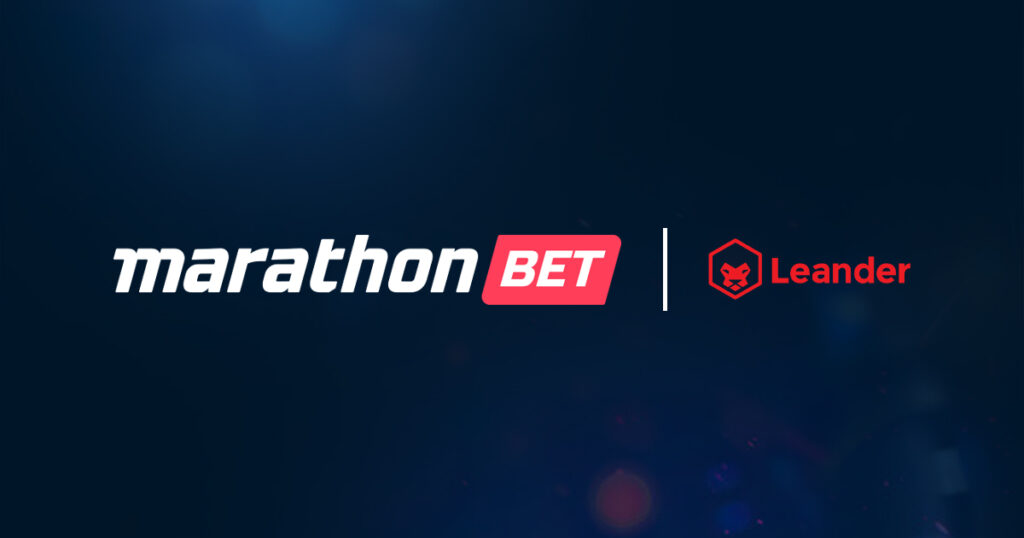 Marathon Bet and Leander logos shown side by side with a vertical divider on a dark blue gradient background, representing a partnership or collaboration.