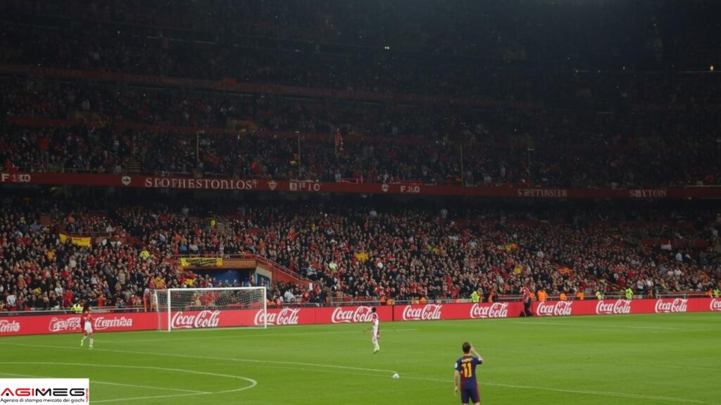 Full stadium filled with spectators watching a soccer match, red banners along the stands and Coca‑Cola ads around the pitch.