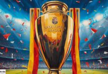 Scommesse posticipi Liga 33esima giornata: per Vincitù Villarreal favorito in casa del Real Oviedo A large gold trophy with red and yellow ribbons stands on a stadium field as confetti falls, engraving reads 'SPPANPOUN LEAGUE'.