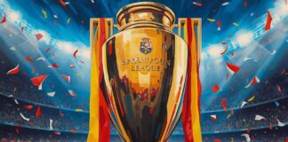Scommesse posticipi Liga 33esima giornata: per Vincitù Villarreal favorito in casa del Real Oviedo A large gold trophy with red and yellow ribbons stands on a stadium field as confetti falls, engraving reads 'SPPANPOUN LEAGUE'.