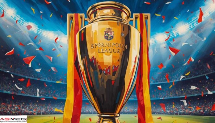 Liga spagnola A large gold trophy with red and yellow ribbons stands on a stadium field as confetti falls, engraving reads 'SPPANPOUN LEAGUE'.