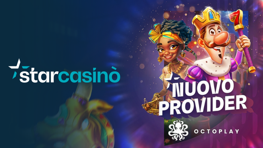 Brand banner for StarCasino with left-aligned logo on a dark gradient background and colorful cartoon characters on the right showcasing a 'Nuovo Provider' promotion.