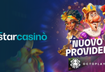Casinò online, StarCasinò accoglie l’innovazione di Octoplay: un nuovo universo di intrattenimento sbarca in Italia Brand banner for StarCasino with left-aligned logo on a dark gradient background and colorful cartoon characters on the right showcasing a 'Nuovo Provider' promotion.