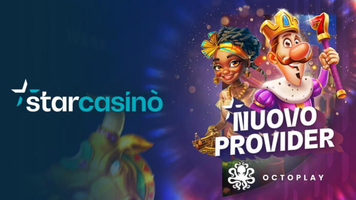 Octoplay Starcasinò Brand banner for StarCasino with left-aligned logo on a dark gradient background and colorful cartoon characters on the right showcasing a 'Nuovo Provider' promotion.