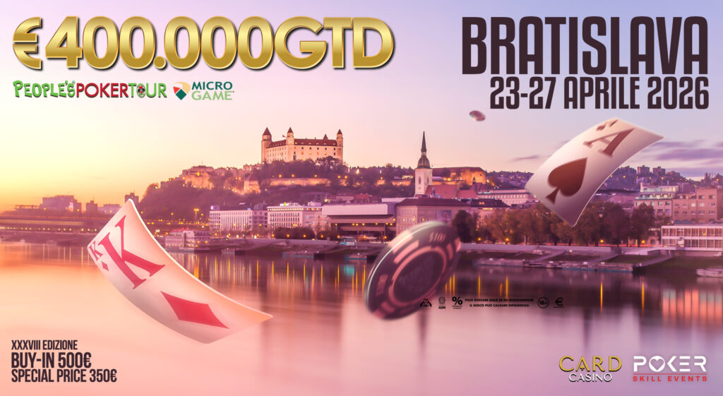 Banner for Bratislava poker festival: €400,000 GTD, Apr 23–27, 2026, with poker logos and cards over a sunset cityscape