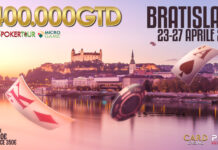 People’s Poker Tour Bratislava: oltre 120 players qualificati, al via il Main Event Banner for Bratislava poker festival: €400,000 GTD, Apr 23–27, 2026, with poker logos and cards over a sunset cityscape