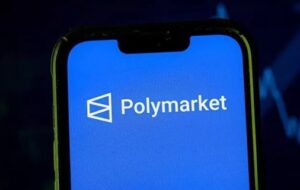 Smartphone screen showing the Polymarket logo on a blue background (app splash).
