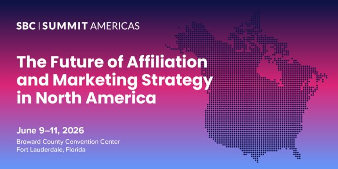 SBC Summit Americas affiliazione Banner for SBC Summit Americas announcing 'The Future of Affiliation and Marketing Strategy in North America' with a dotted map of North America on a purple-pink gradient background.