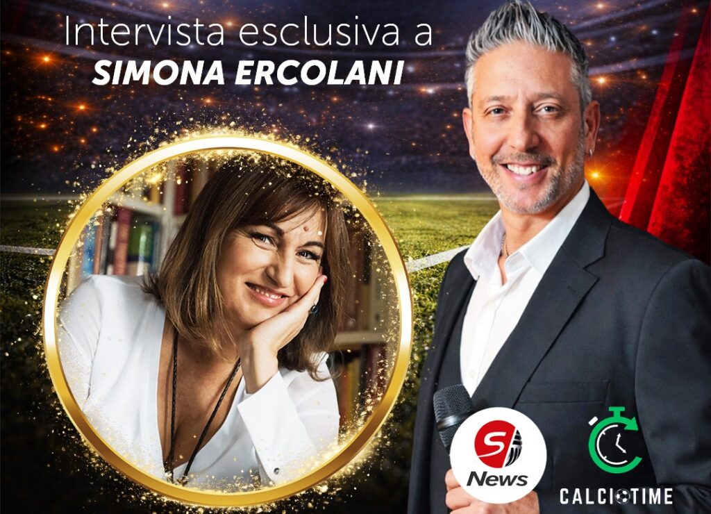 Promotional banner for an exclusive interview with SIMONA ERCOLANI, showing a smiling woman in a gold circular frame and a male host with a mic, plus logos.