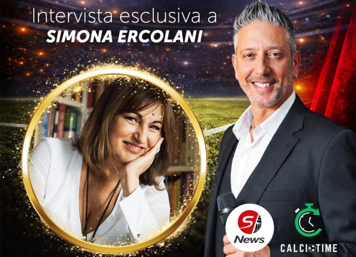 Simona Ercolani belle storie Stanleybet news Promotional banner for an exclusive interview with SIMONA ERCOLANI, showing a smiling woman in a gold circular frame and a male host with a mic, plus logos.