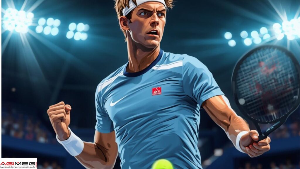 Illustration of a male tennis player in a blue shirt celebrating a point with a clenched fist.