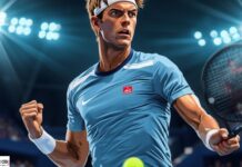 Scommesse semifinale ATP Madrid: Sinner avanti su Fils su Eurobet a 1.15 Illustration of a male tennis player in a blue shirt celebrating a point with a clenched fist.