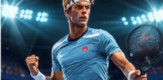 Scommesse semifinale ATP Madrid: Sinner avanti su Fils su Eurobet a 1.15 Illustration of a male tennis player in a blue shirt celebrating a point with a clenched fist.