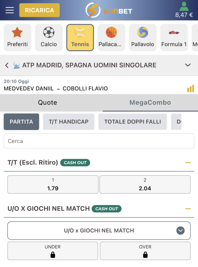 Tennis tab highlighted in a sports betting app header, row of sport icons, ATP Madrid singles match with odds 1.79 and 2.04, cash-out indicators.