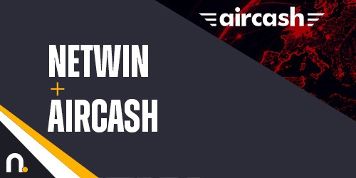 Aircash Netwin Banner featuring the words NETWIN + AIRCASH with the aircash logo in the top right on a dark geometric background.