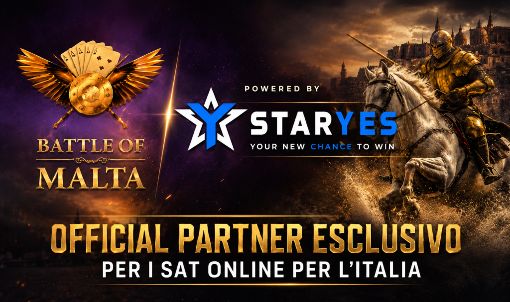 BATTLE OF MALTA STARYES | AGIMEG Golden knight on a charging horse flanks a left 'Battle of Malta' emblem with wings and cards, centered by 'Powered by StarYes' branding.