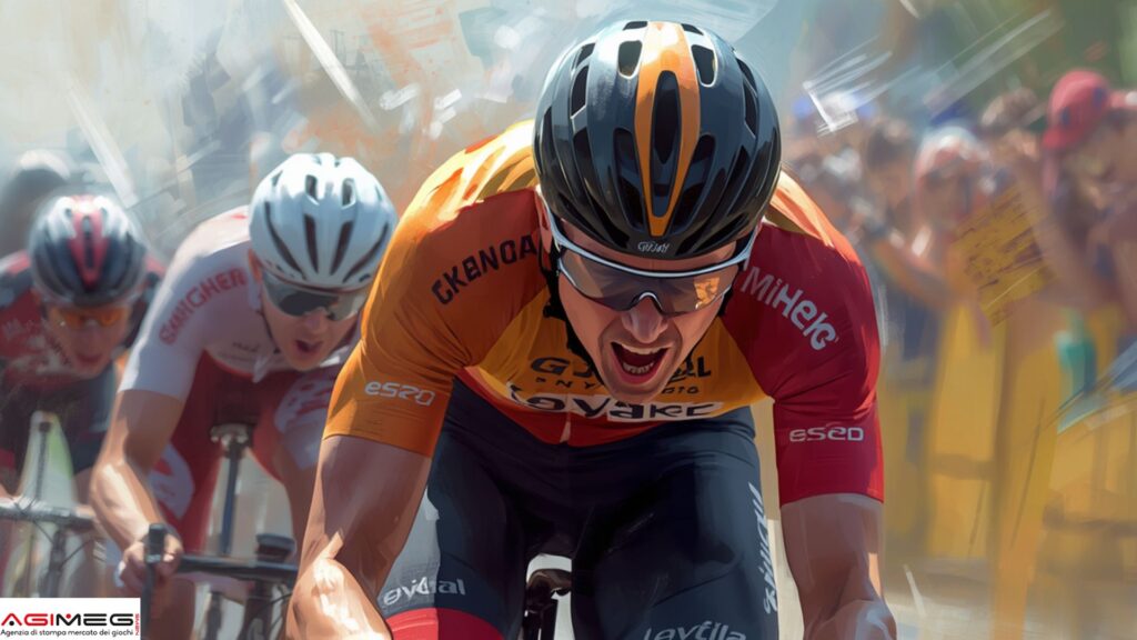 Close-up of a professional cyclist in an orange-and-red kit sprinting toward the camera, wearing a black-and-orange helmet and visor.