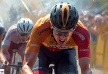 Scommesse Giro d’Italia 2026, quarta tappa: per Goldbet Andresen è favorito a 4.25 Close-up of a professional cyclist in an orange-and-red kit sprinting toward the camera, wearing a black-and-orange helmet and visor.