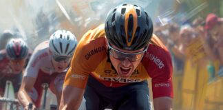 Scommesse Giro d’Italia 2026, quarta tappa: per Goldbet Andresen è favorito a 4.25 Close-up of a professional cyclist in an orange-and-red kit sprinting toward the camera, wearing a black-and-orange helmet and visor.