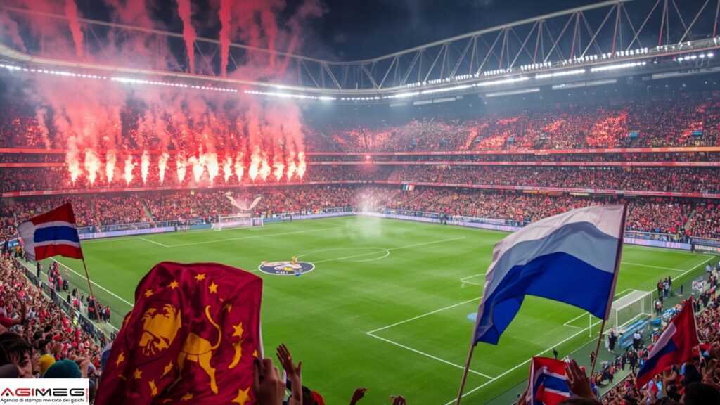 Soccer stadium filled with cheering fans as red flares light up the stands at night.