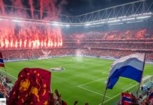 Scommesse Serie A, derby della Capitale: Betflag punta sulla vittoria della Roma a 1.53 Soccer stadium filled with cheering fans as red flares light up the stands at night.