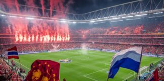 Scommesse Serie A, derby della Capitale: Betflag punta sulla vittoria della Roma a 1.53 Soccer stadium filled with cheering fans as red flares light up the stands at night.