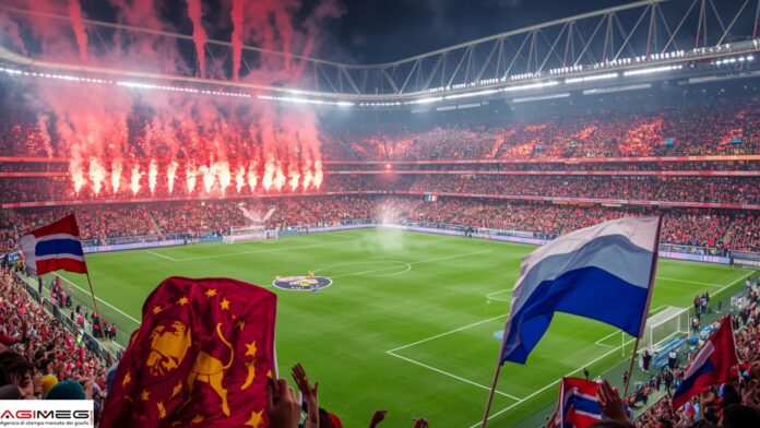 Derby di Roma Soccer stadium filled with cheering fans as red flares light up the stands at night.